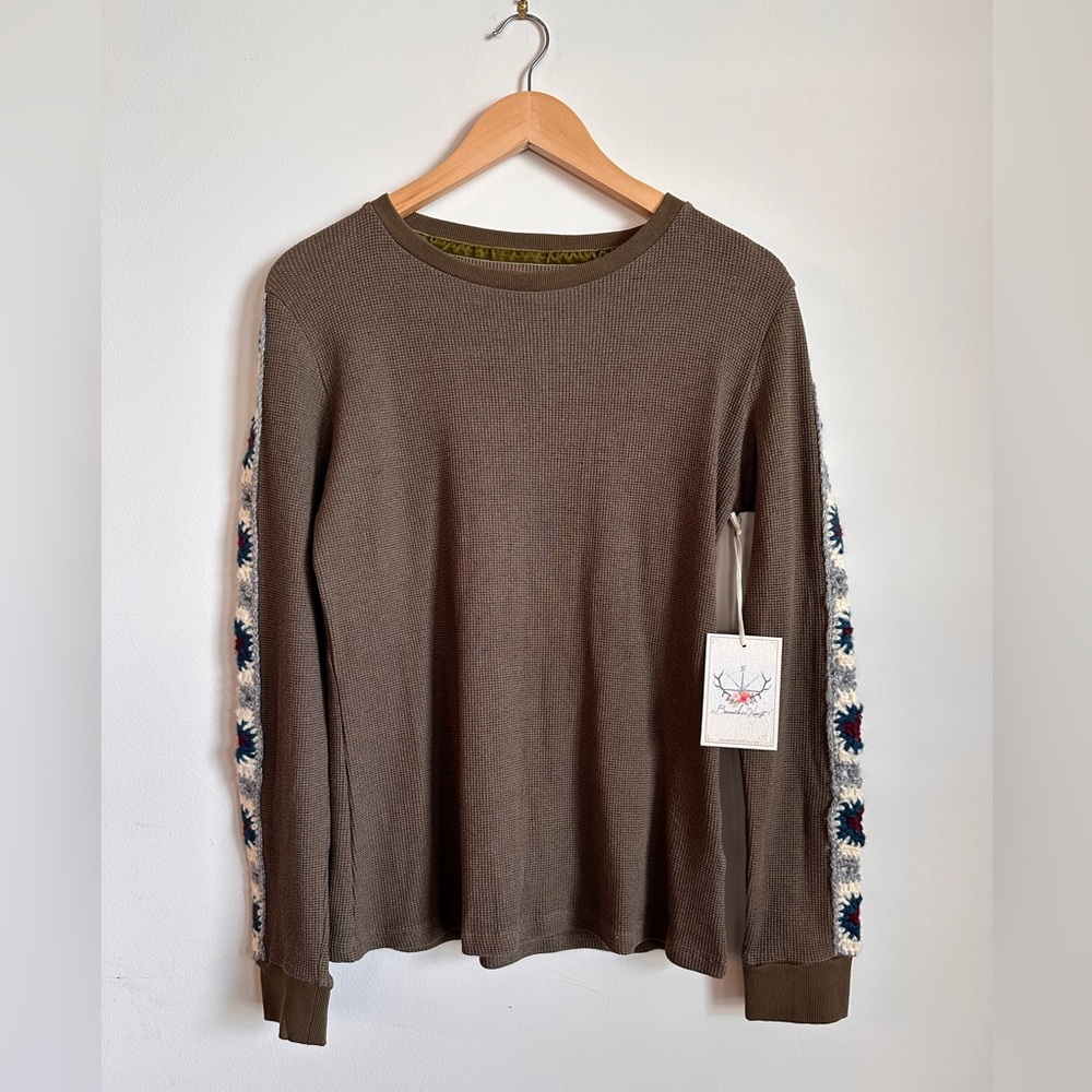 Boundless North Sweater Thermal Crochet Sleeves Boho Fairy Casual Green Large - Picture 2 of 6